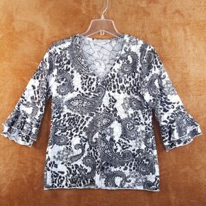SNO SKINS Womens Top Small Black White Pullover Ruffle Bell Sleeve Paisley